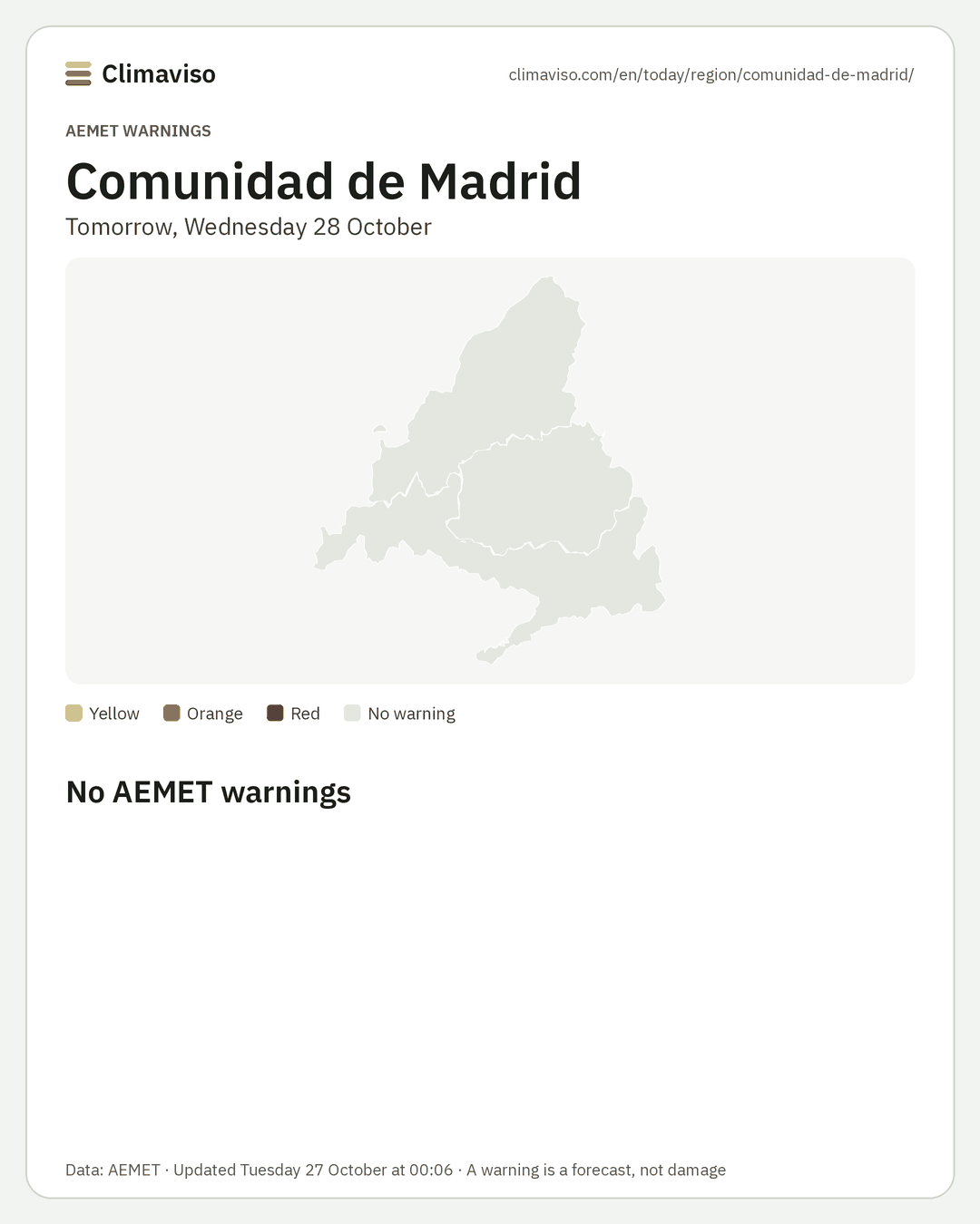 AEMET warnings in Comunidad de Madrid, Tomorrow