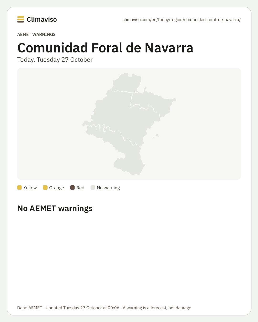 AEMET warnings in Comunidad Foral de Navarra, Today