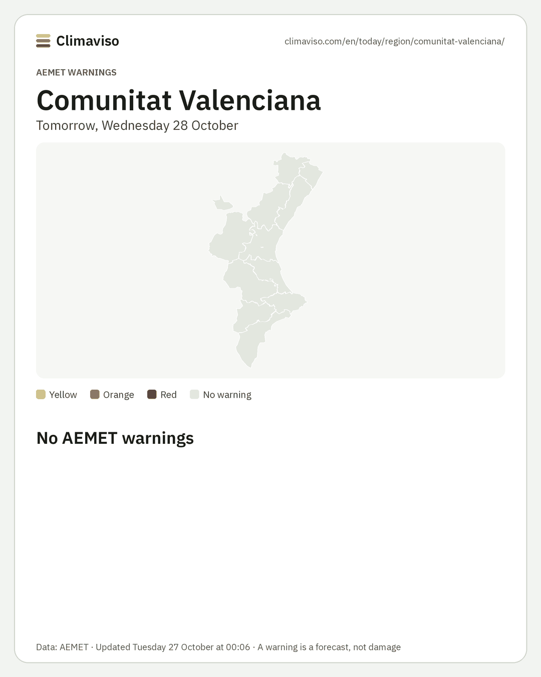 AEMET warnings in Comunitat Valenciana, Tomorrow