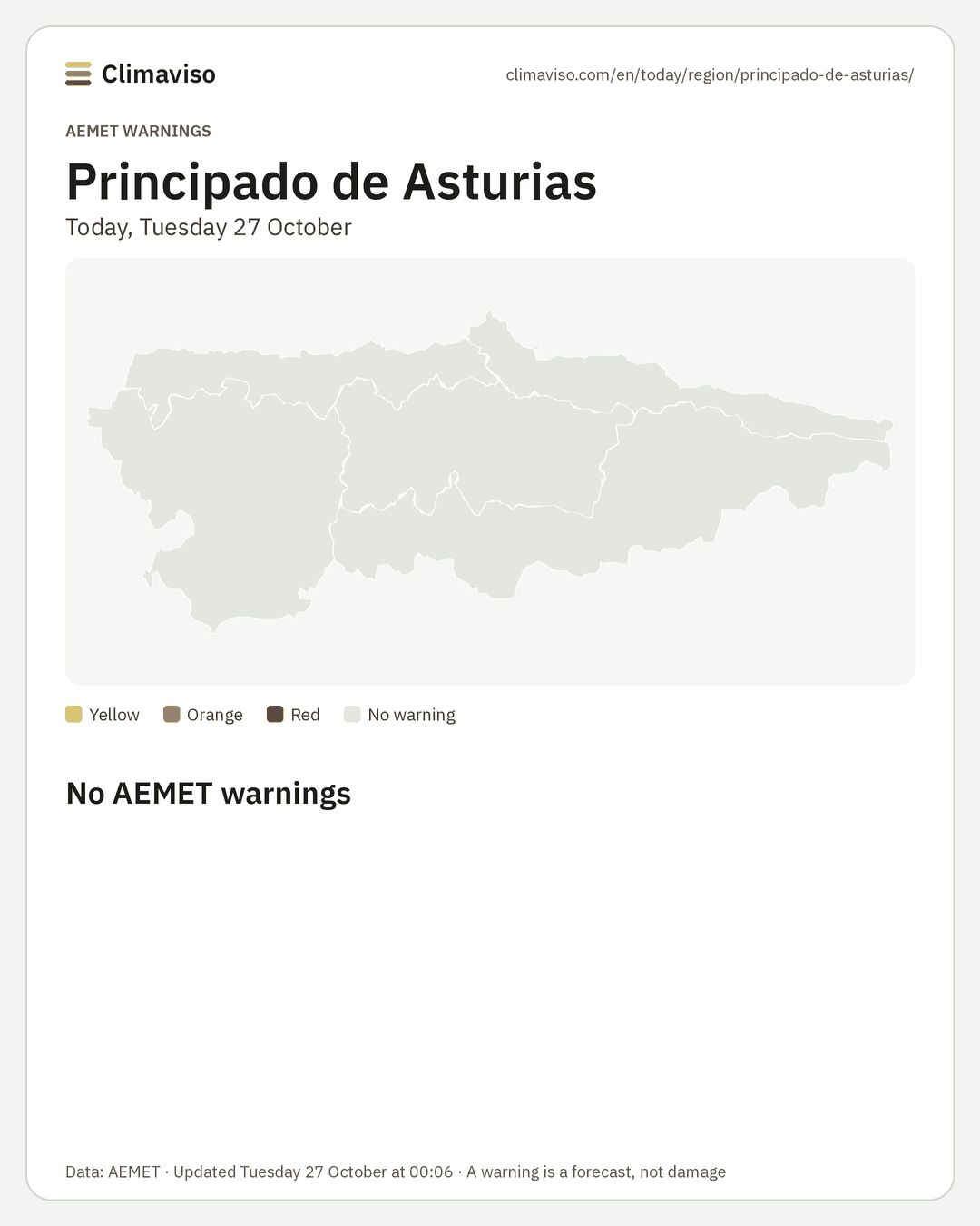 AEMET warnings in Principado de Asturias, Today