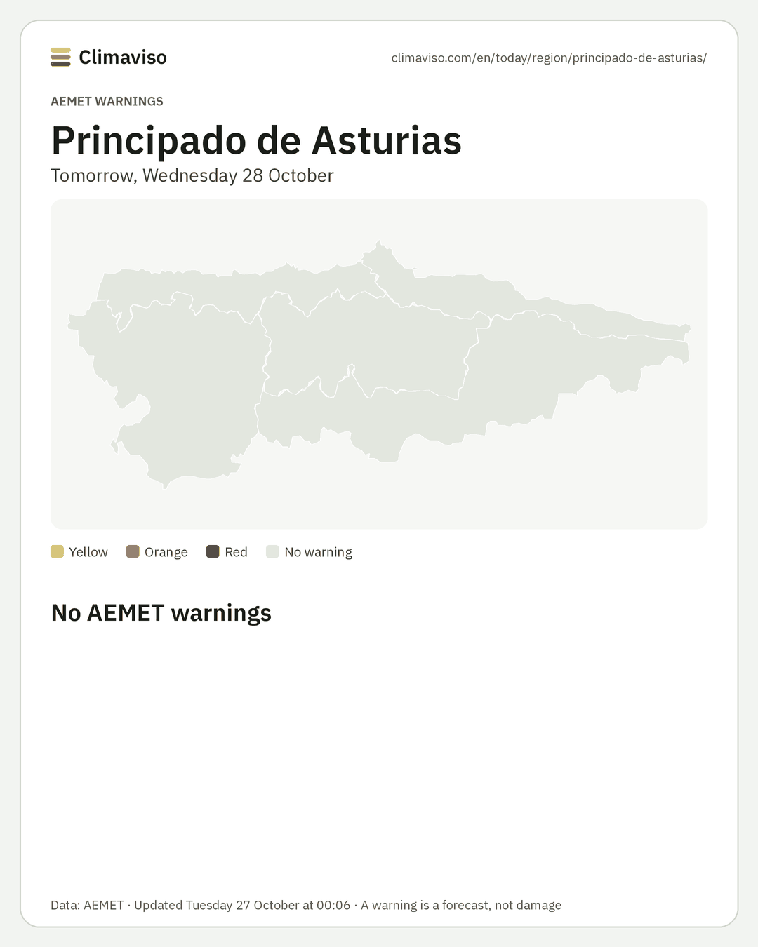 AEMET warnings in Principado de Asturias, Tomorrow
