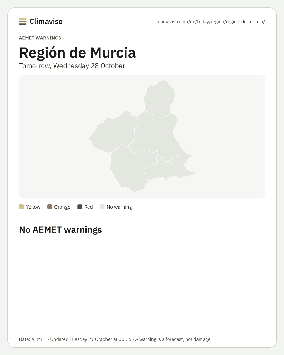 AEMET warnings in Región de Murcia, Tomorrow