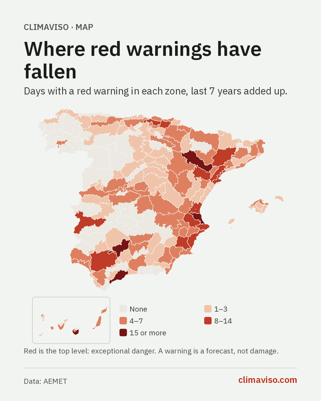 Map of Spain by zone by red-warning days: the most in southern coastal Valencia, the Ebro valley at Zaragoza, the Córdoba countryside, the Málaga coast and southeastern Gran Canaria; none across much of Galicia, Castilla y León and La Mancha.
