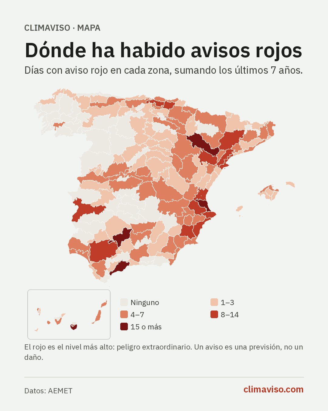 Mapa de España por zonas según los días con aviso rojo: los más, en el litoral sur de Valencia, la ribera del Ebro de Zaragoza, la campiña cordobesa, la costa de Málaga y el sureste de Gran Canaria; ninguno en buena parte de Galicia, Castilla y León y La Mancha.