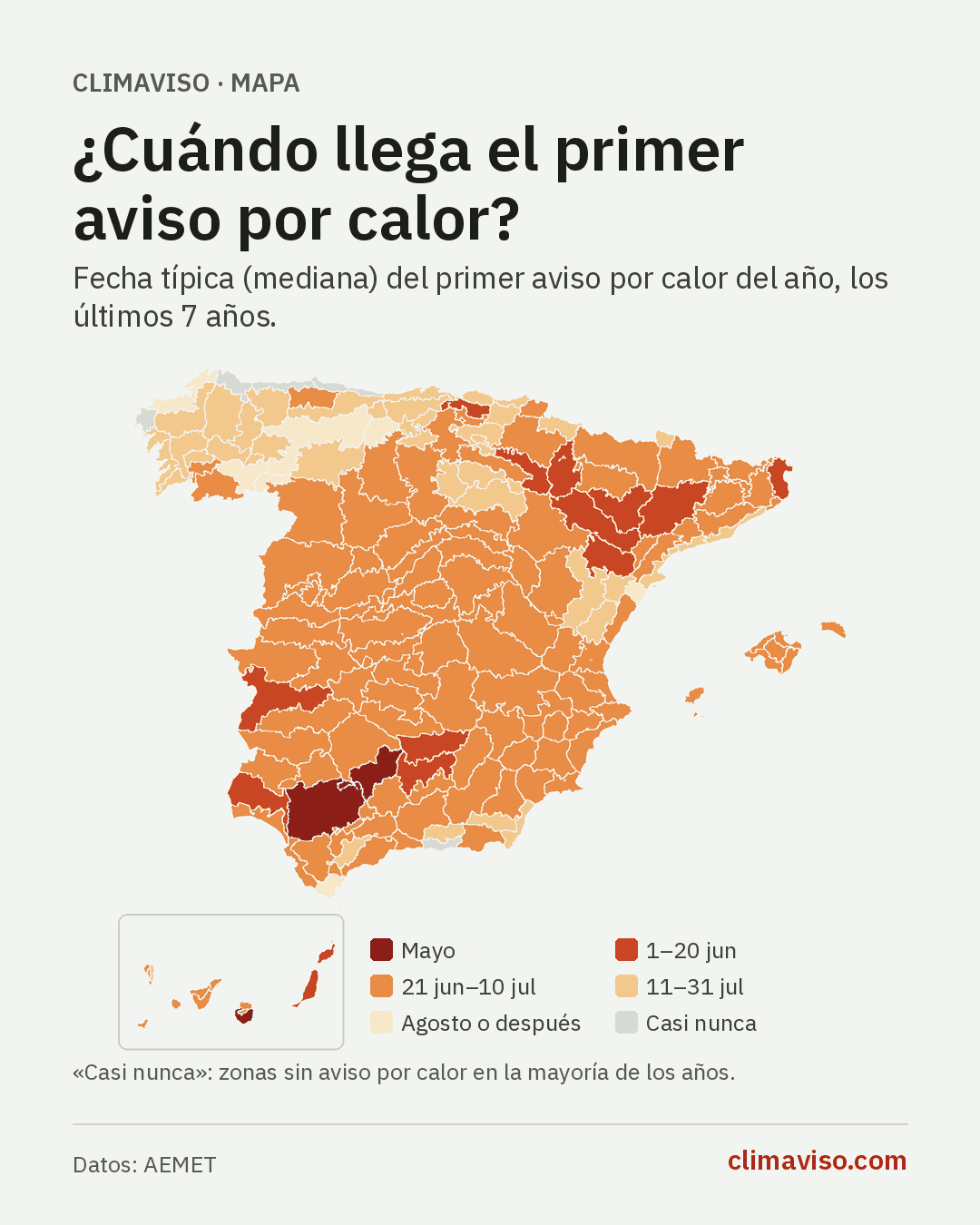 Mapa de España por zonas según la fecha típica del primer aviso por calor del año: en mayo en las campiñas de Córdoba y Sevilla y el sureste de Gran Canaria; a partir de agosto o casi nunca en la costa cantábrica y Galicia.