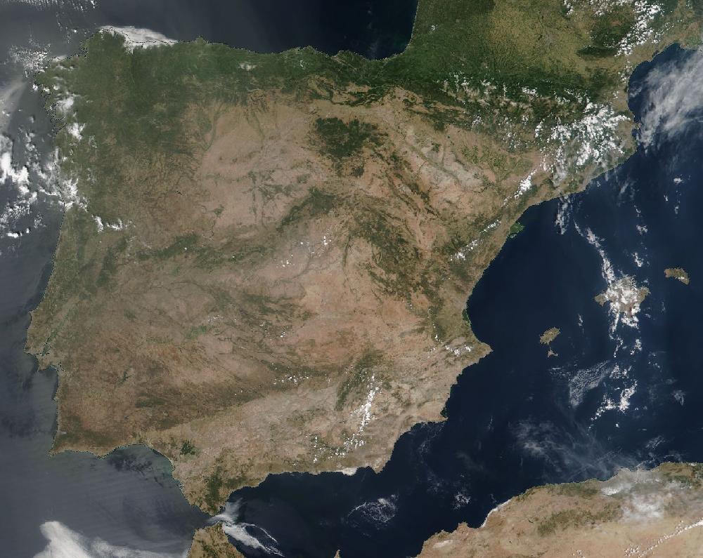 True-colour satellite image of the Iberian Peninsula and the Balearic Islands on 3 August 2018