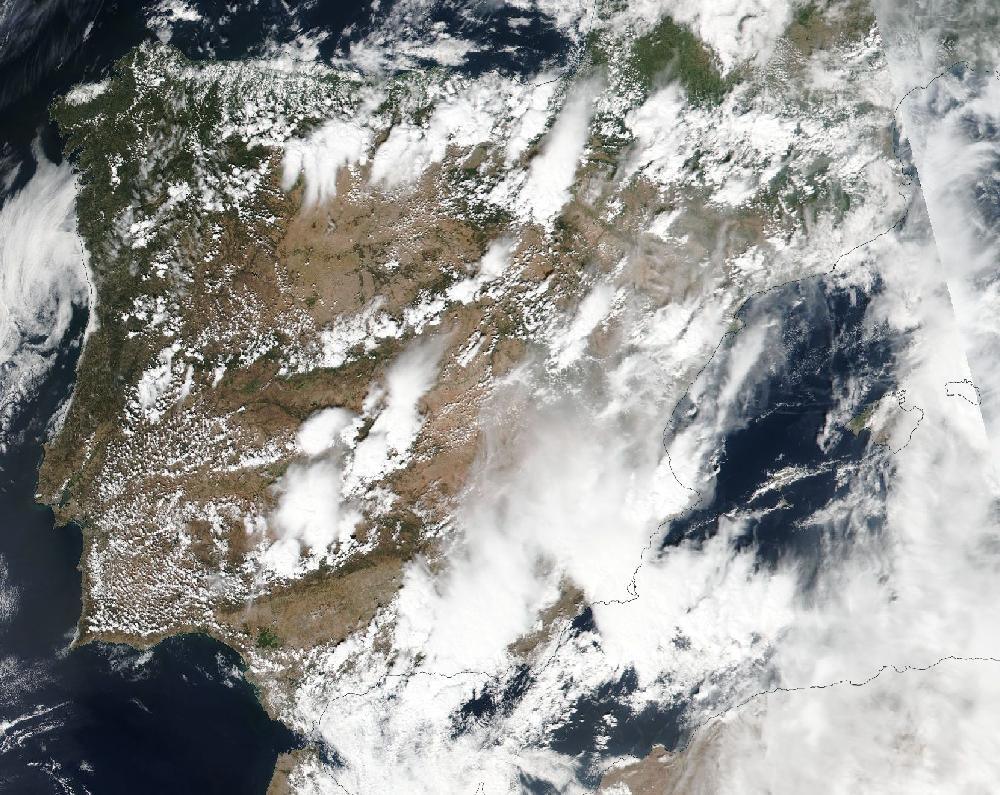 True-colour satellite image of the Iberian Peninsula and the Balearic Islands on 9 September 2018