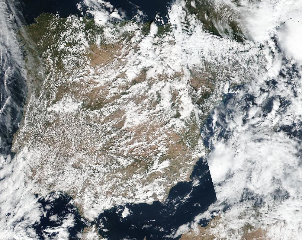 True-colour satellite image of the Iberian Peninsula and the Balearic Islands on 10 October 2018