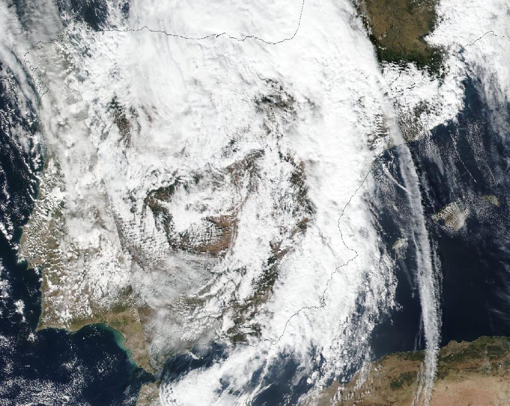 True-colour satellite image of the Iberian Peninsula and the Balearic Islands on 14 October 2018