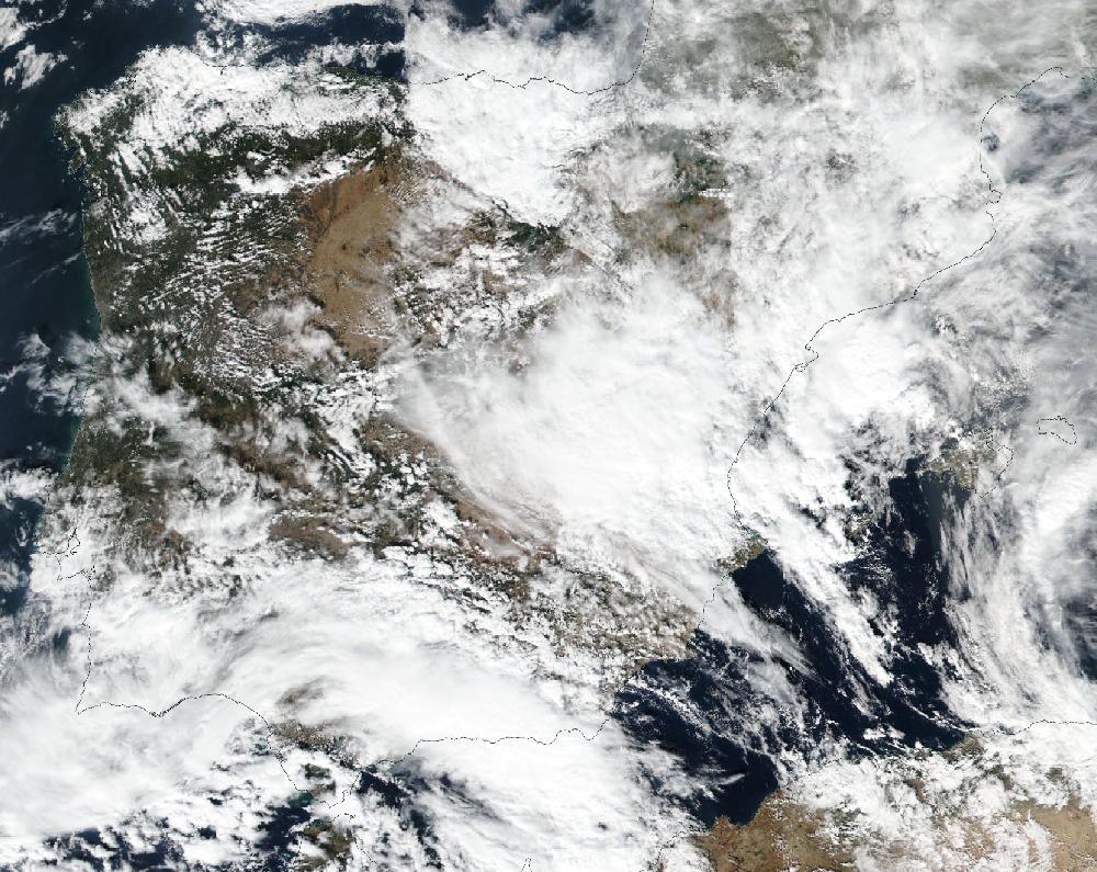 True-colour satellite image of the Iberian Peninsula and the Balearic Islands on 18 October 2018