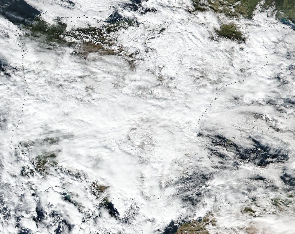 True-colour satellite image of the Iberian Peninsula and the Balearic Islands on 18 November 2018