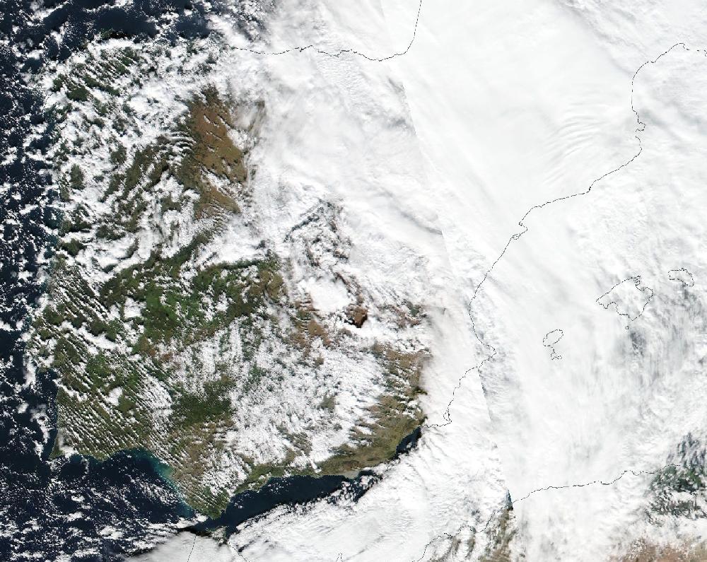 True-colour satellite image of the Iberian Peninsula and the Balearic Islands on 13 December 2018