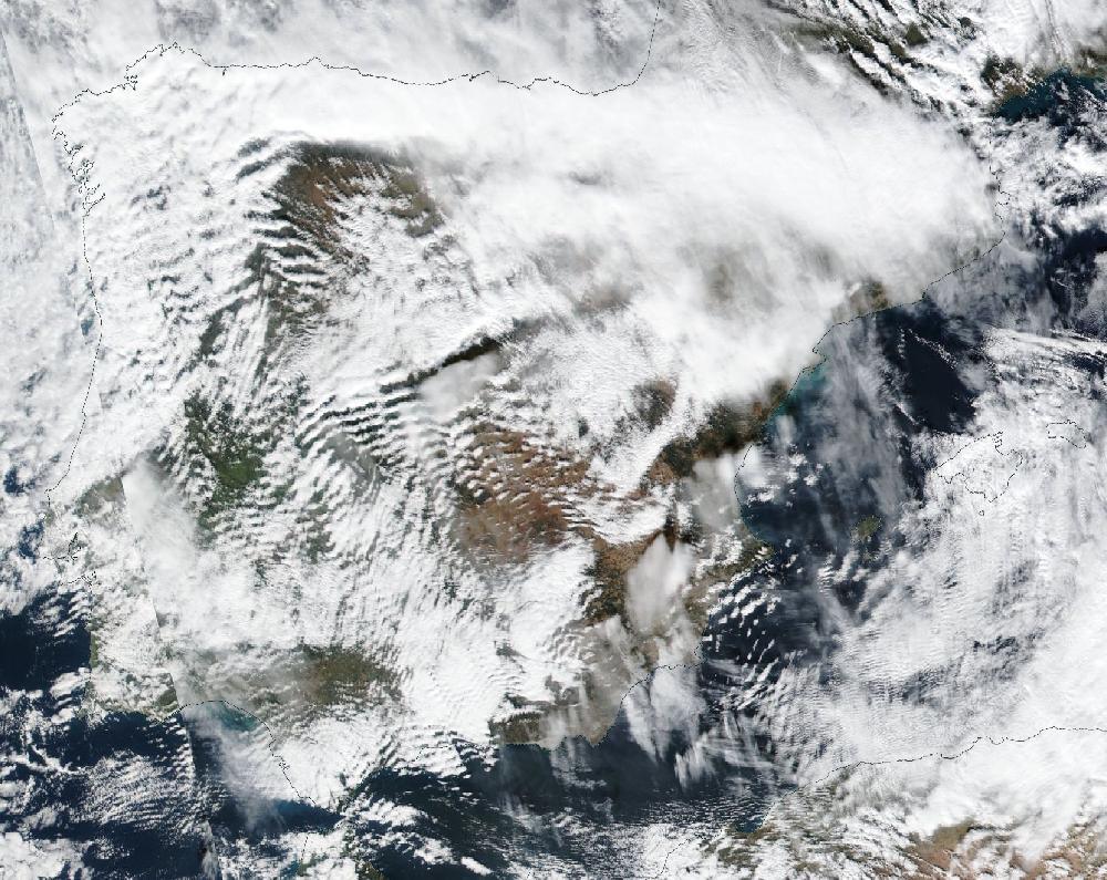 True-colour satellite image of the Iberian Peninsula and the Balearic Islands on 23 January 2019