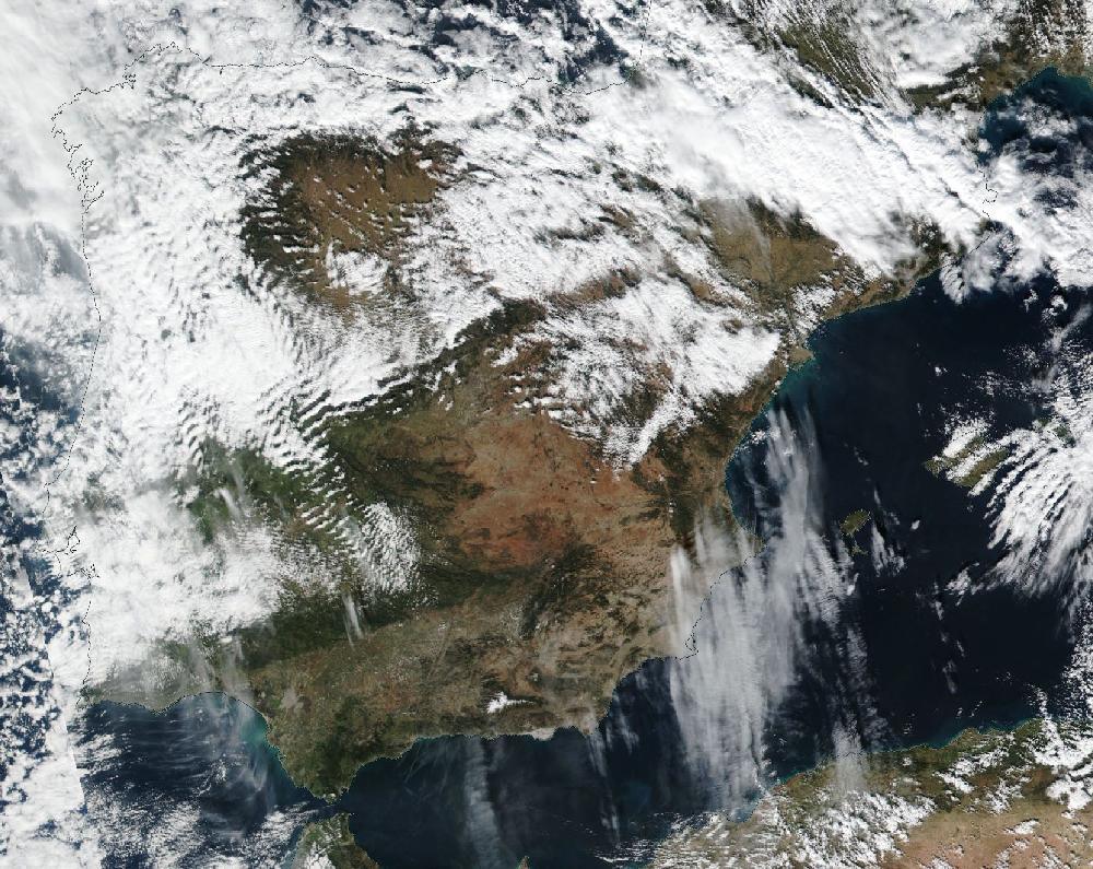 True-colour satellite image of the Iberian Peninsula and the Balearic Islands on 28 January 2019