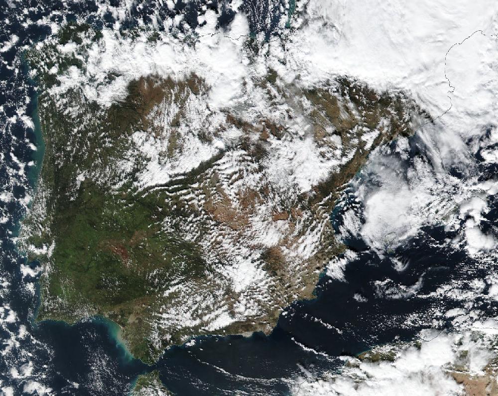True-colour satellite image of the Iberian Peninsula and the Balearic Islands on 2 February 2019