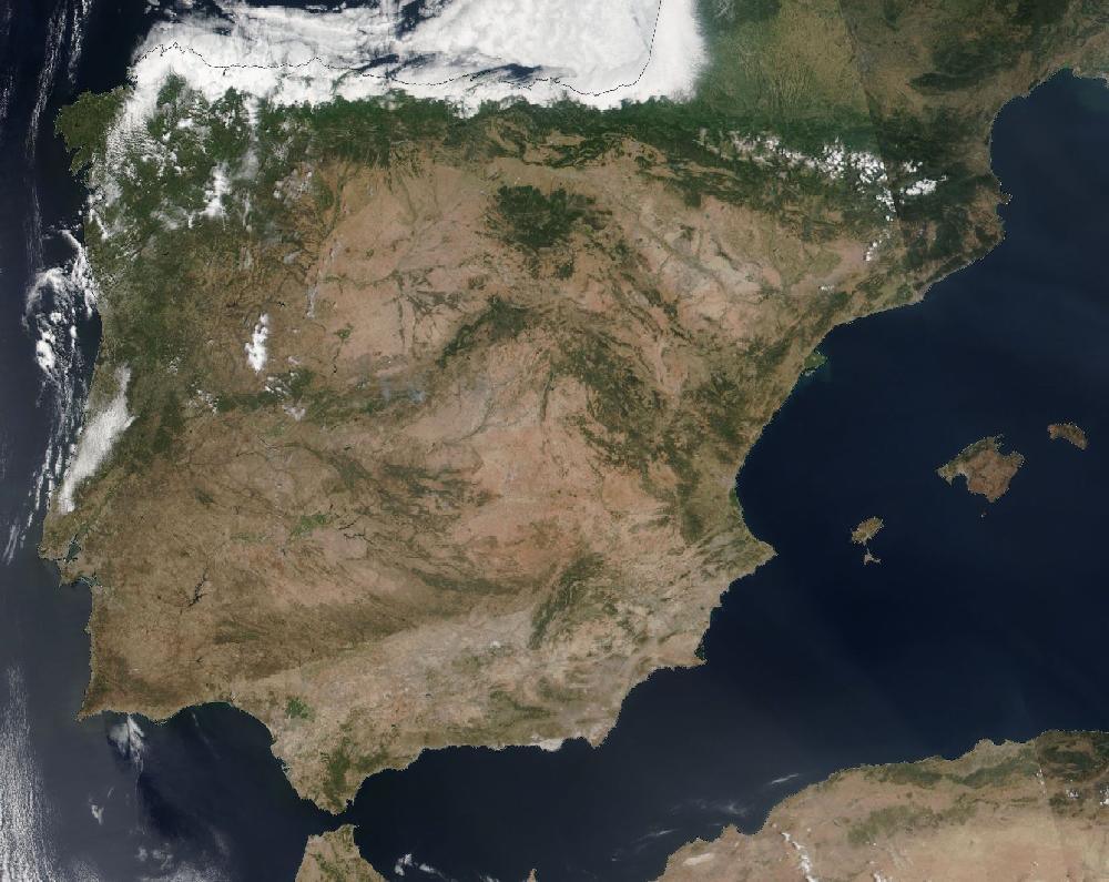True-colour satellite image of the Iberian Peninsula and the Balearic Islands on 29 June 2019