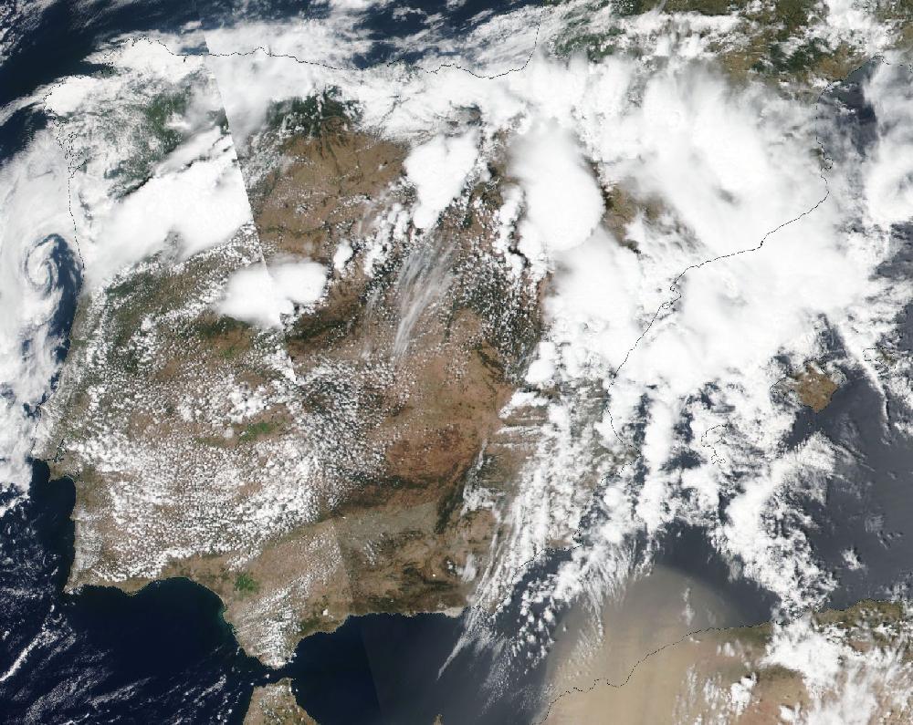 True-colour satellite image of the Iberian Peninsula and the Balearic Islands on 8 July 2019