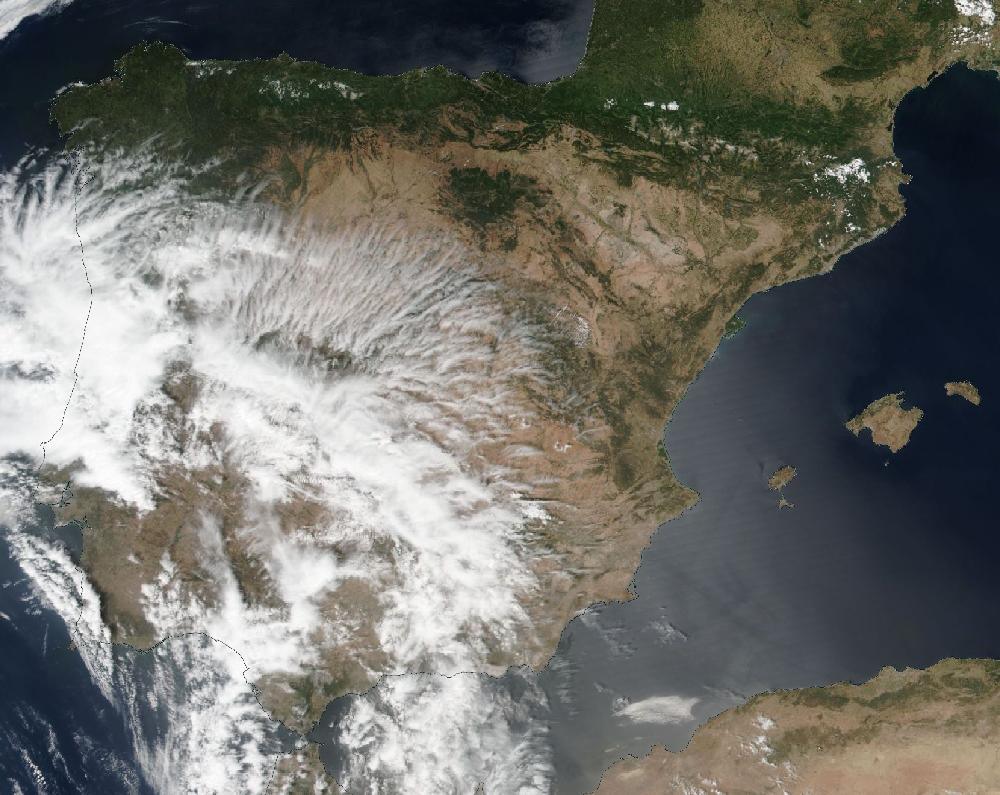 True-colour satellite image of the Iberian Peninsula and the Balearic Islands on 12 July 2019