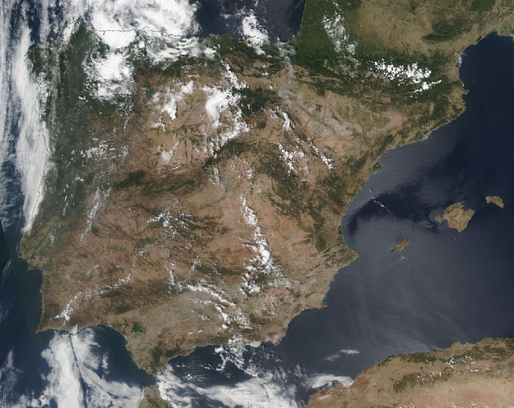 True-colour satellite image of the Iberian Peninsula and the Balearic Islands on 23 July 2019