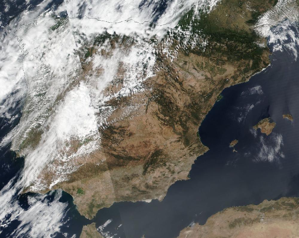 True-colour satellite image of the Iberian Peninsula and the Balearic Islands on 9 August 2019