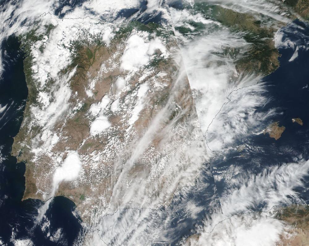 True-colour satellite image of the Iberian Peninsula and the Balearic Islands on 26 August 2019