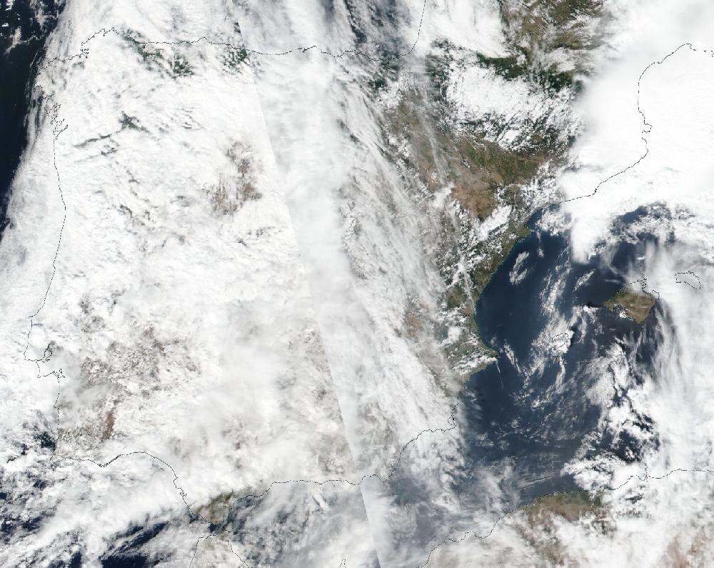 True-colour satellite image of the Iberian Peninsula and the Balearic Islands on 21 September 2019