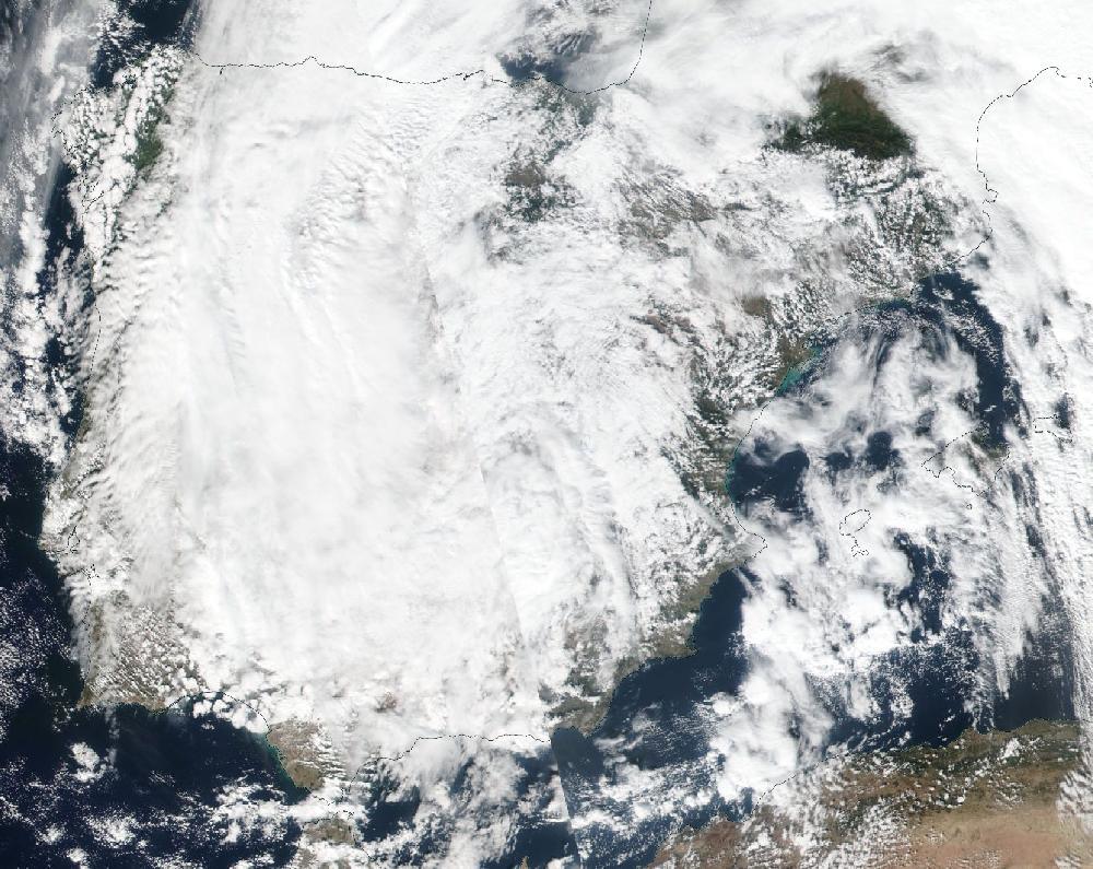 True-colour satellite image of the Iberian Peninsula and the Balearic Islands on 23 October 2019