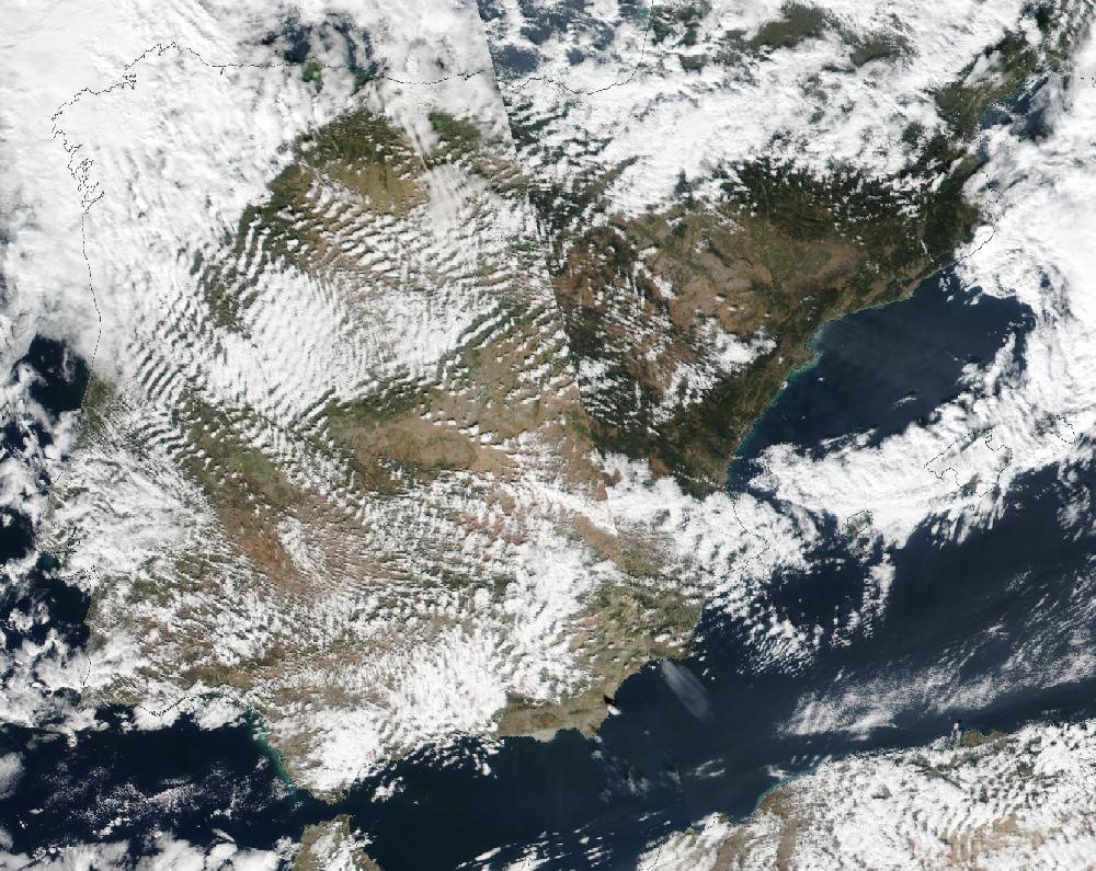 True-colour satellite image of the Iberian Peninsula and the Balearic Islands on 3 November 2019