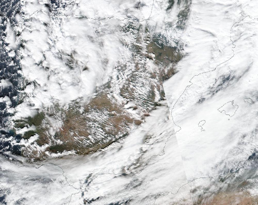 True-colour satellite image of the Iberian Peninsula and the Balearic Islands on 14 November 2019