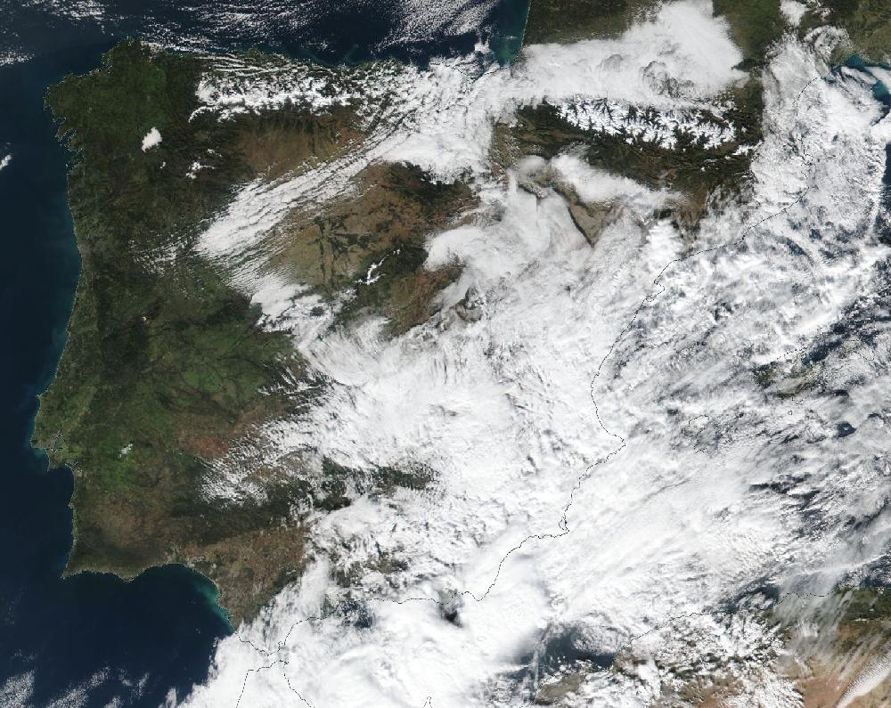 True-colour satellite image of the Iberian Peninsula and the Balearic Islands on 3 December 2019