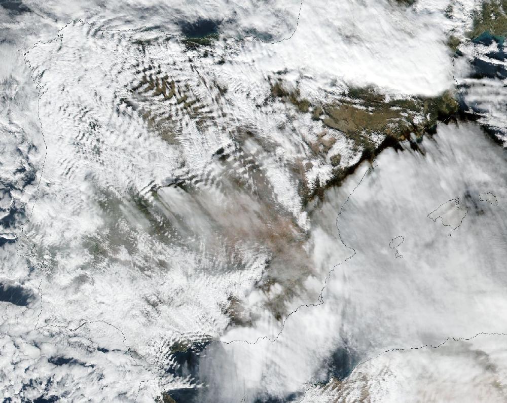 True-colour satellite image of the Iberian Peninsula and the Balearic Islands on 13 December 2019