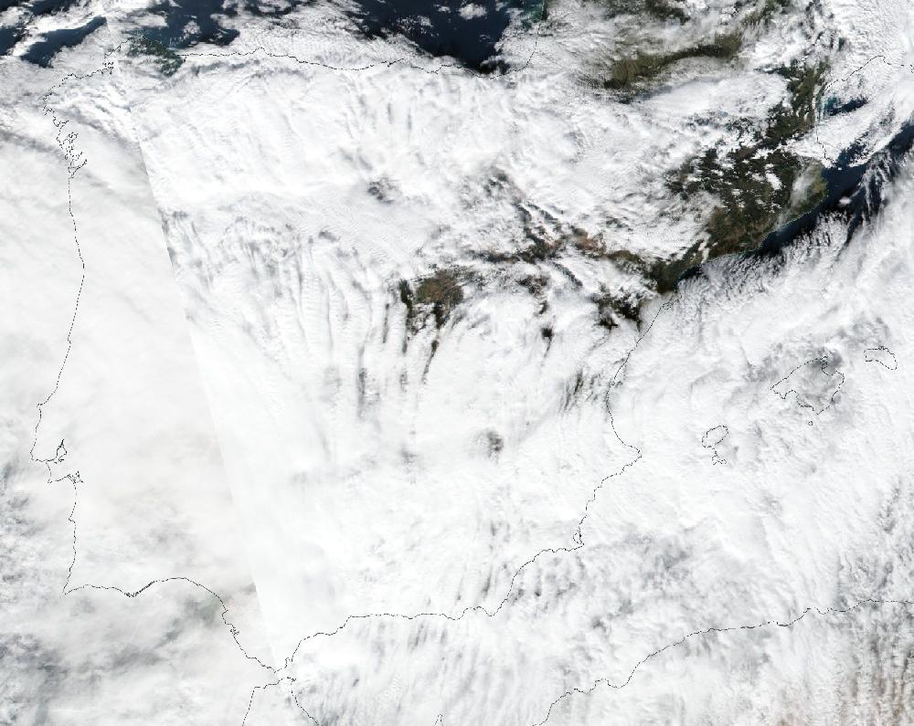 True-colour satellite image of the Iberian Peninsula and the Balearic Islands on 20 December 2019