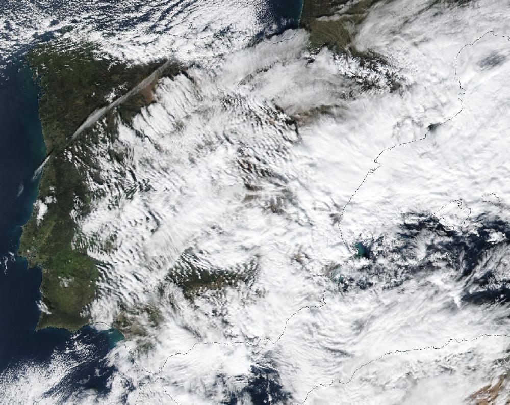 True-colour satellite image of the Iberian Peninsula and the Balearic Islands on 20 January 2020