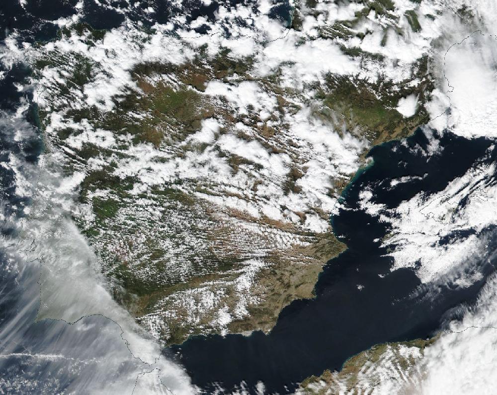 True-colour satellite image of the Iberian Peninsula and the Balearic Islands on 2 March 2020