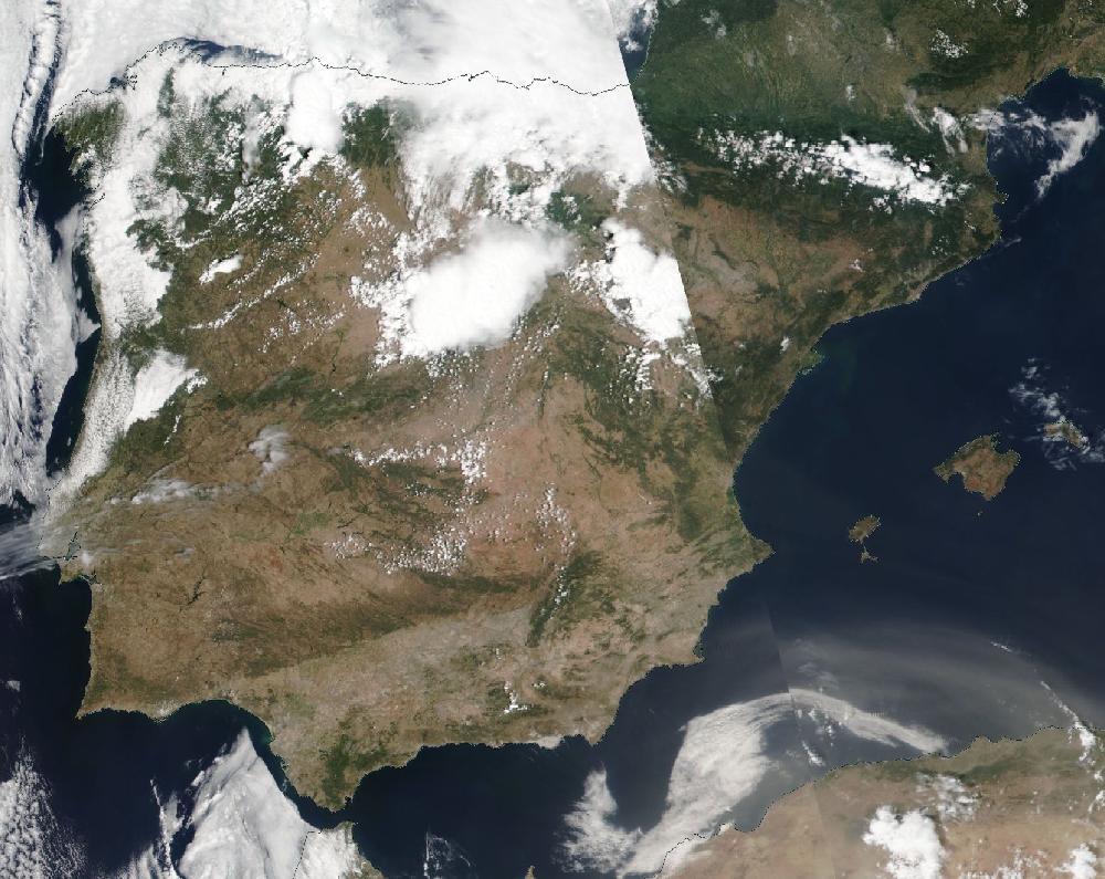 True-colour satellite image of the Iberian Peninsula and the Balearic Islands on 25 June 2020