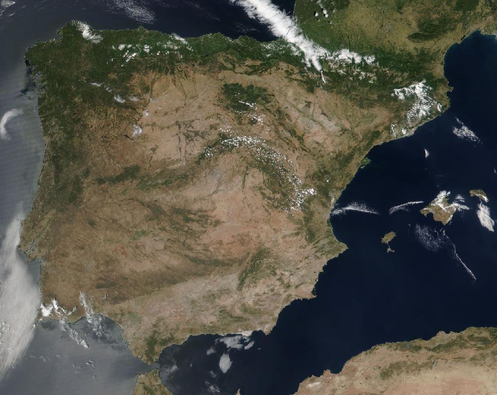 True-colour satellite image of the Iberian Peninsula and the Balearic Islands on 7 July 2020