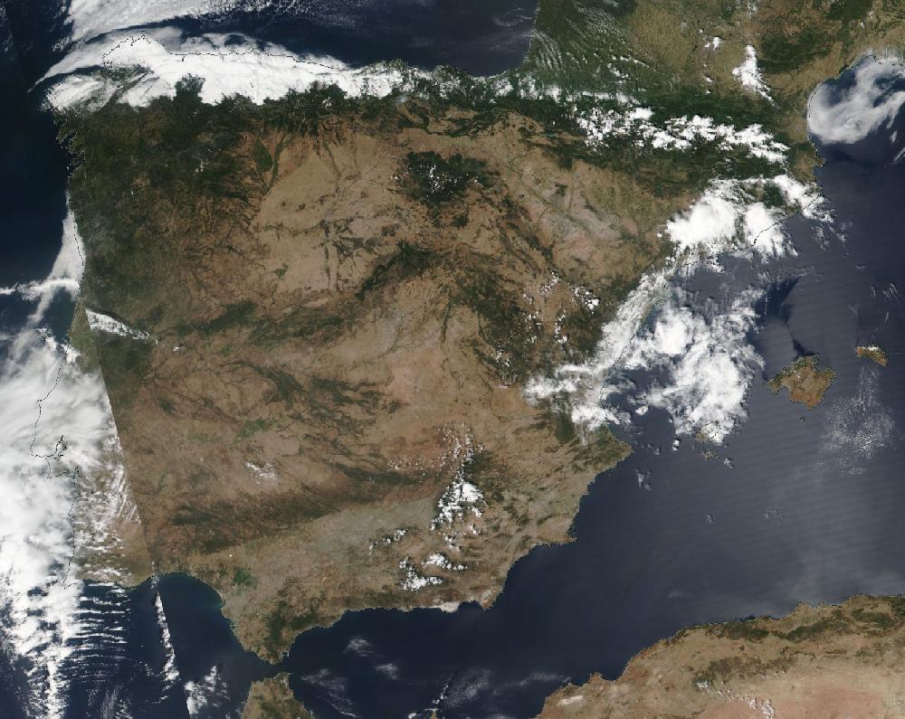 True-colour satellite image of the Iberian Peninsula and the Balearic Islands on 20 July 2020