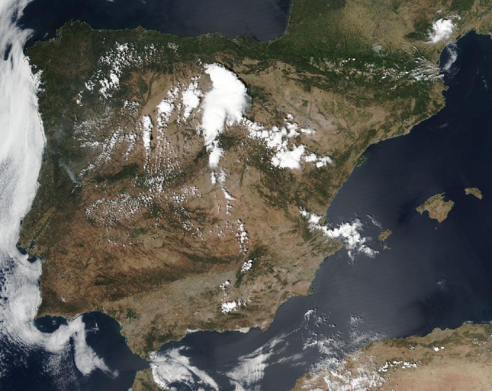 True-colour satellite image of the Iberian Peninsula and the Balearic Islands on 30 July 2020