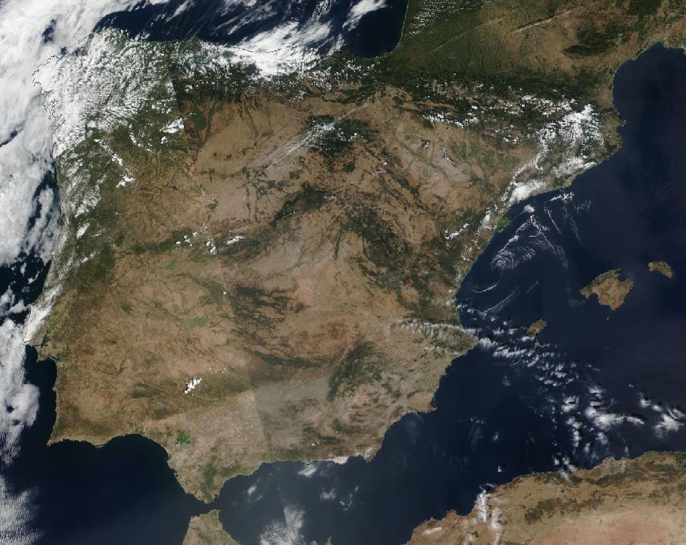 True-colour satellite image of the Iberian Peninsula and the Balearic Islands on 27 August 2020