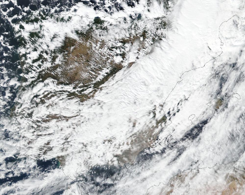 True-colour satellite image of the Iberian Peninsula and the Balearic Islands on 2 October 2020