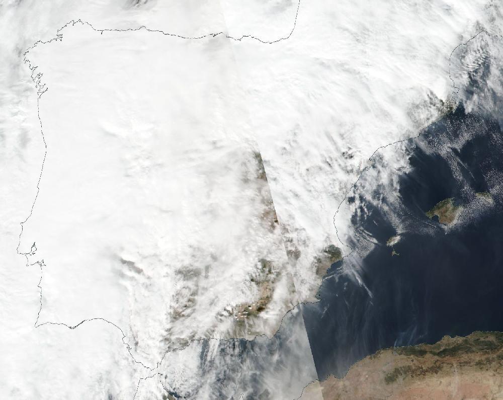 True-colour satellite image of the Iberian Peninsula and the Balearic Islands on 20 October 2020