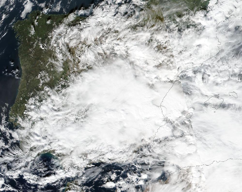 True-colour satellite image of the Iberian Peninsula and the Balearic Islands on 27 November 2020