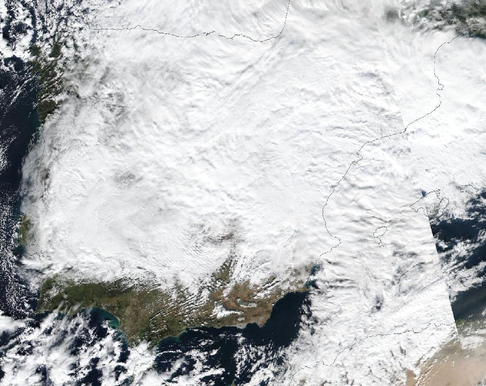 True-colour satellite image of the Iberian Peninsula and the Balearic Islands on 9 January 2021