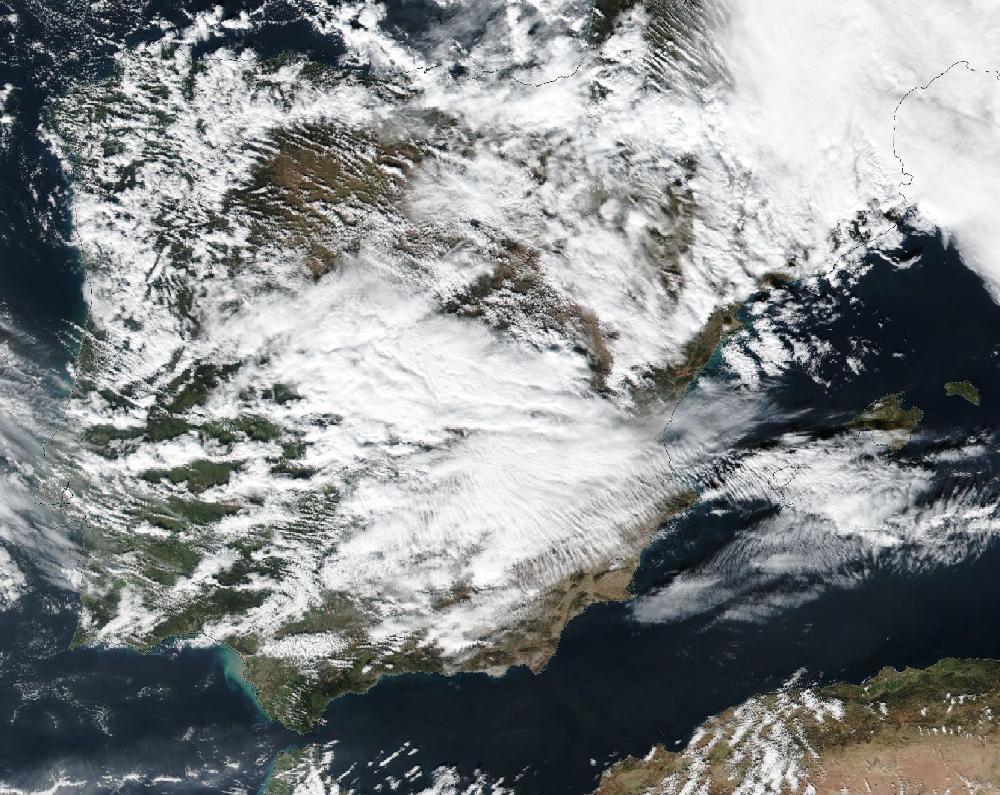 True-colour satellite image of the Iberian Peninsula and the Balearic Islands on 22 January 2021