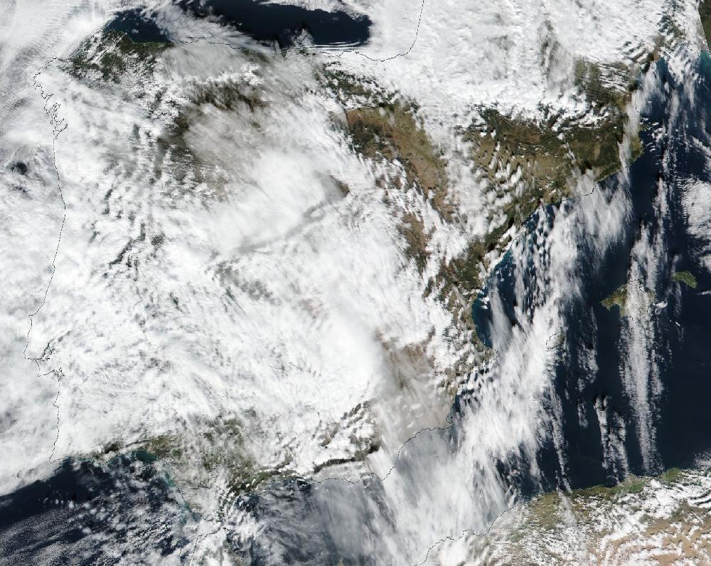 True-colour satellite image of the Iberian Peninsula and the Balearic Islands on 31 January 2021
