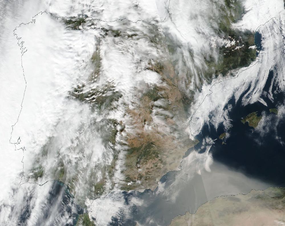 True-colour satellite image of the Iberian Peninsula and the Balearic Islands on 20 February 2021