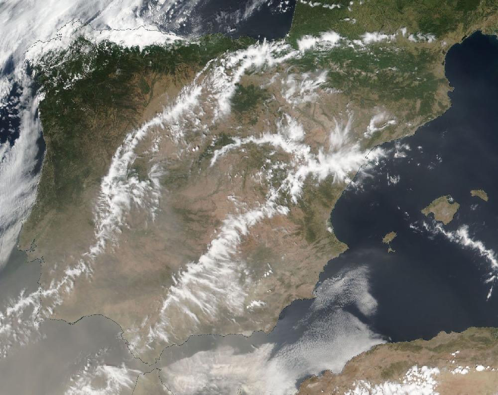 True-colour satellite image of the Iberian Peninsula and the Balearic Islands on 11 July 2021