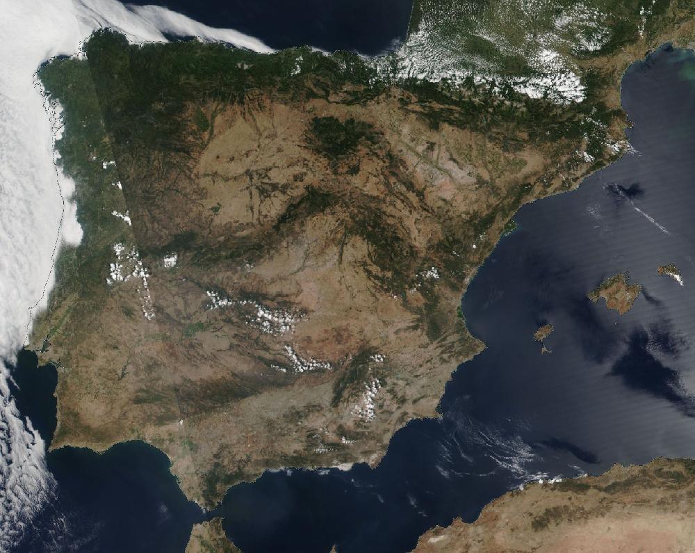 True-colour satellite image of the Iberian Peninsula and the Balearic Islands on 18 July 2021