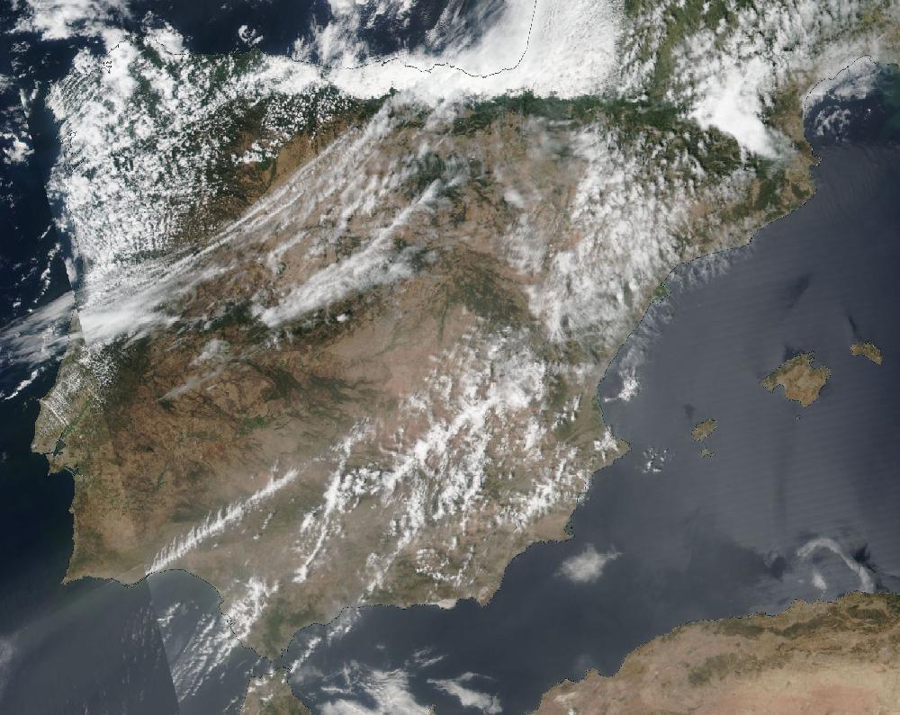 True-colour satellite image of the Iberian Peninsula and the Balearic Islands on 23 July 2021