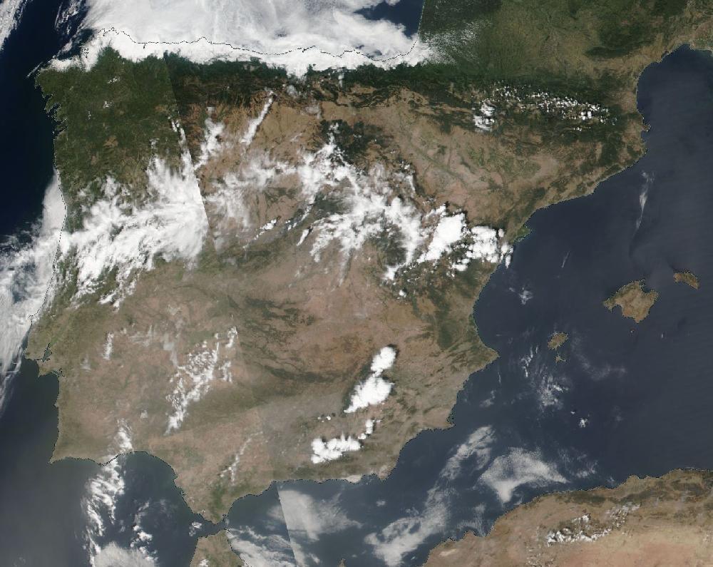 True-colour satellite image of the Iberian Peninsula and the Balearic Islands on 14 August 2021